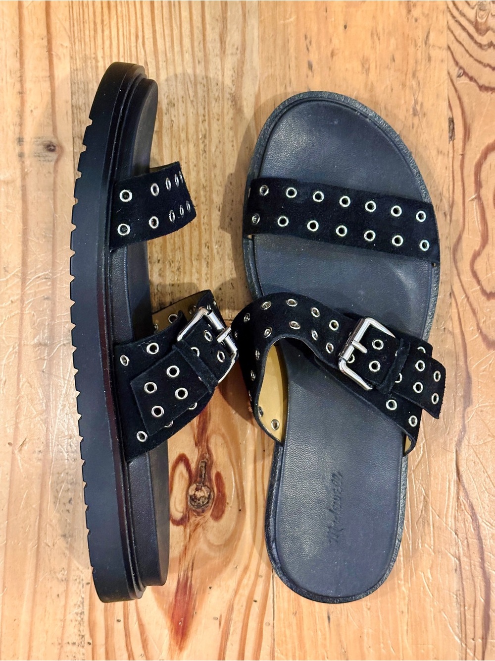 Madewell Black Grommet Suede Slide Sandals